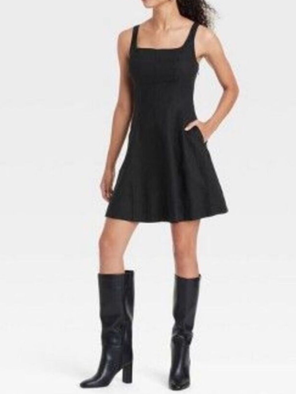 a new day Black Linen Blend Fit Flare Sleeveless Mini A Line Dress Size 14 NWT